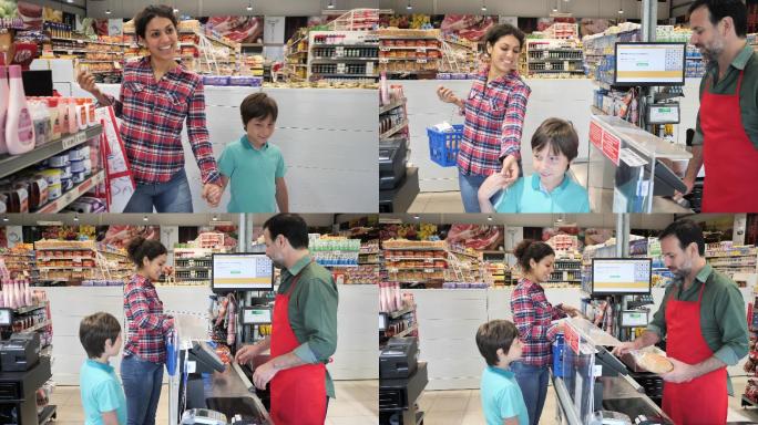 母亲带着孩子在超市购物