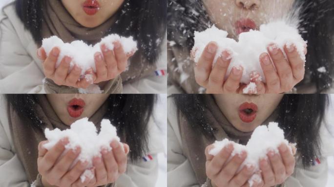 几组美女手捧雪吹散雪花飞舞意境素材