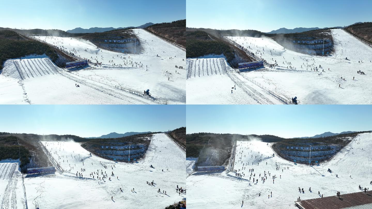 济南冬季滑雪雪野湖滑雪场航拍4k