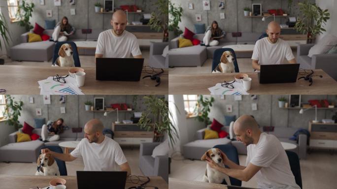 在笔记本电脑上工作的人，宠物狗就在他旁边