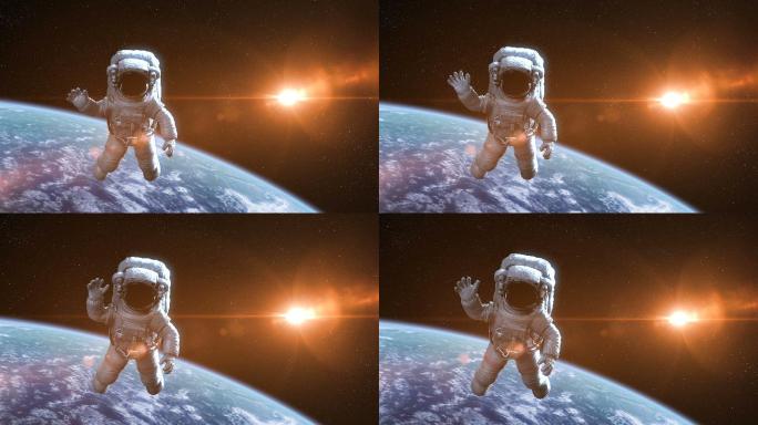 太空人在外太空对地球挥手
