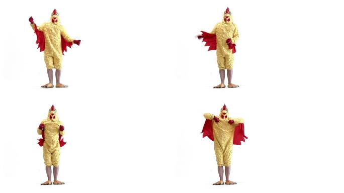 一个穿着鸡的服饰的人在胡闹跳舞