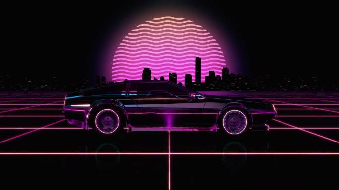 复古未来主义80年代风格科幻汽车背景。
