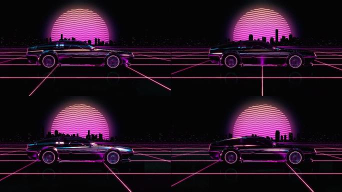 复古未来主义80年代风格科幻汽车背景。