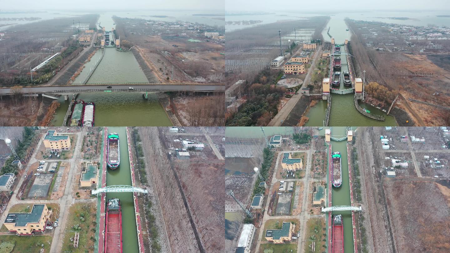 航拍京杭大运河二级坝微山二线船闸