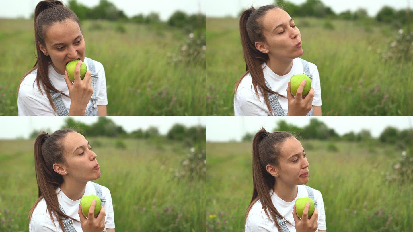 女孩吃苹果美女女人种植苹果树享受生活