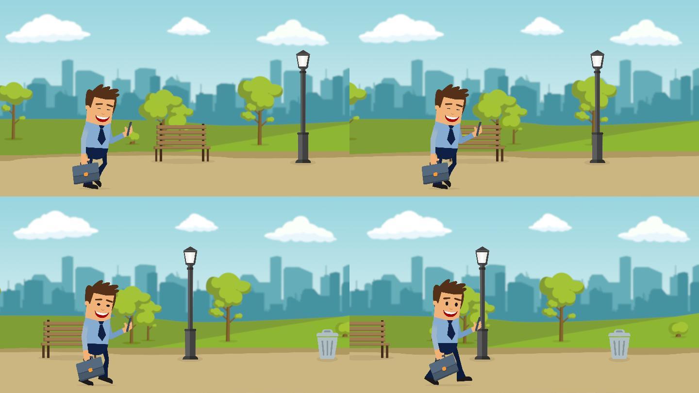 男人行走时使用智能手机动画
