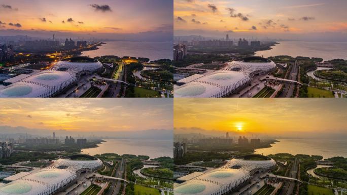 深圳南山区深圳湾体育中心春茧日出延时素材