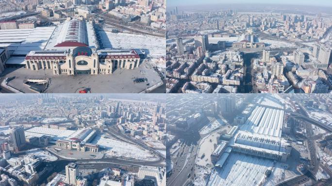 【4K超清】航拍哈尔滨火车站雪景十字路口