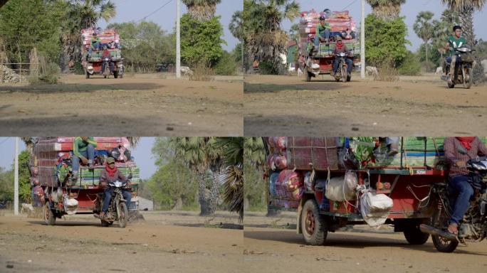 柬埔寨农村运货的三轮摩托车