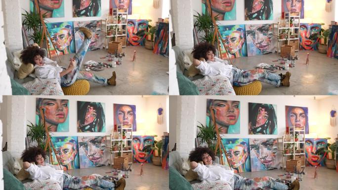 年轻的女艺术家油画工作室画师画室