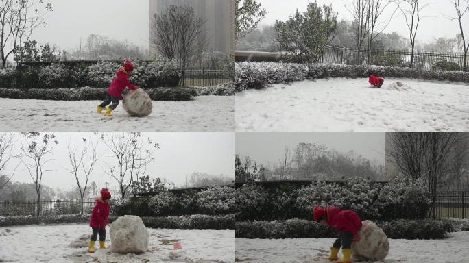 唯美小女孩雪地里滚雪球