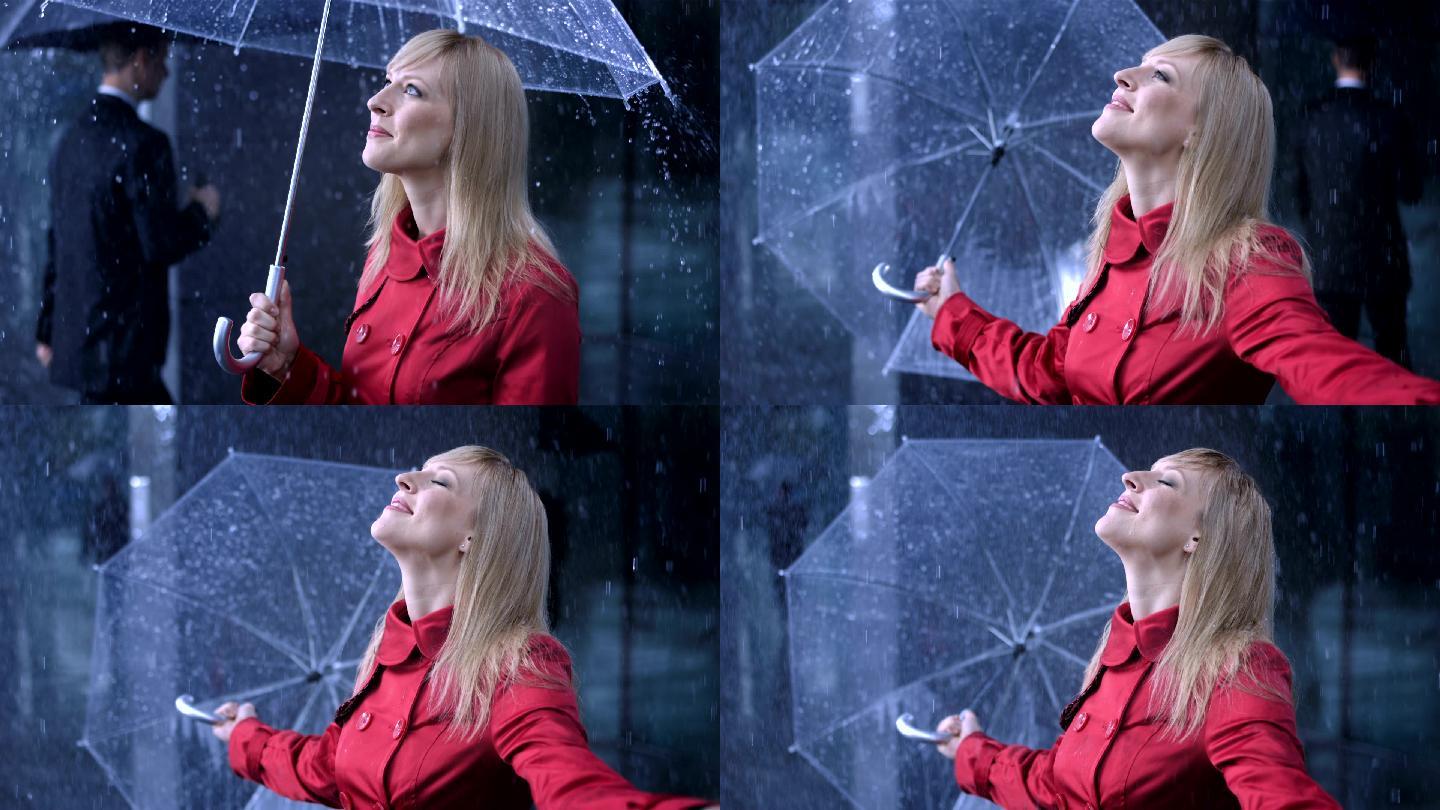 喜欢下雨的女人城市下雨天打伞感受自然