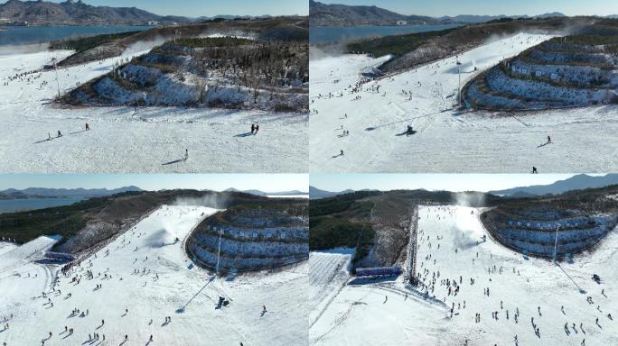 济南冬季滑雪雪野湖滑雪场航拍4k