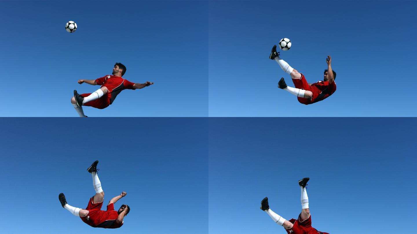 足球运动员在半空中慢动作踢球