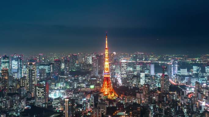 东京塔美丽的夜景城市延时航拍东京市航拍旅