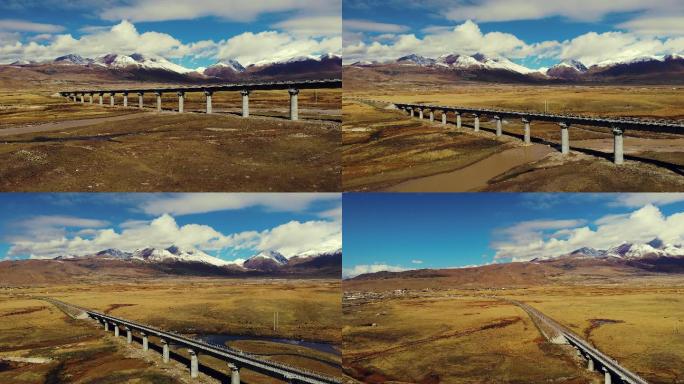 西藏雪山铁路高架桥川藏线航拍