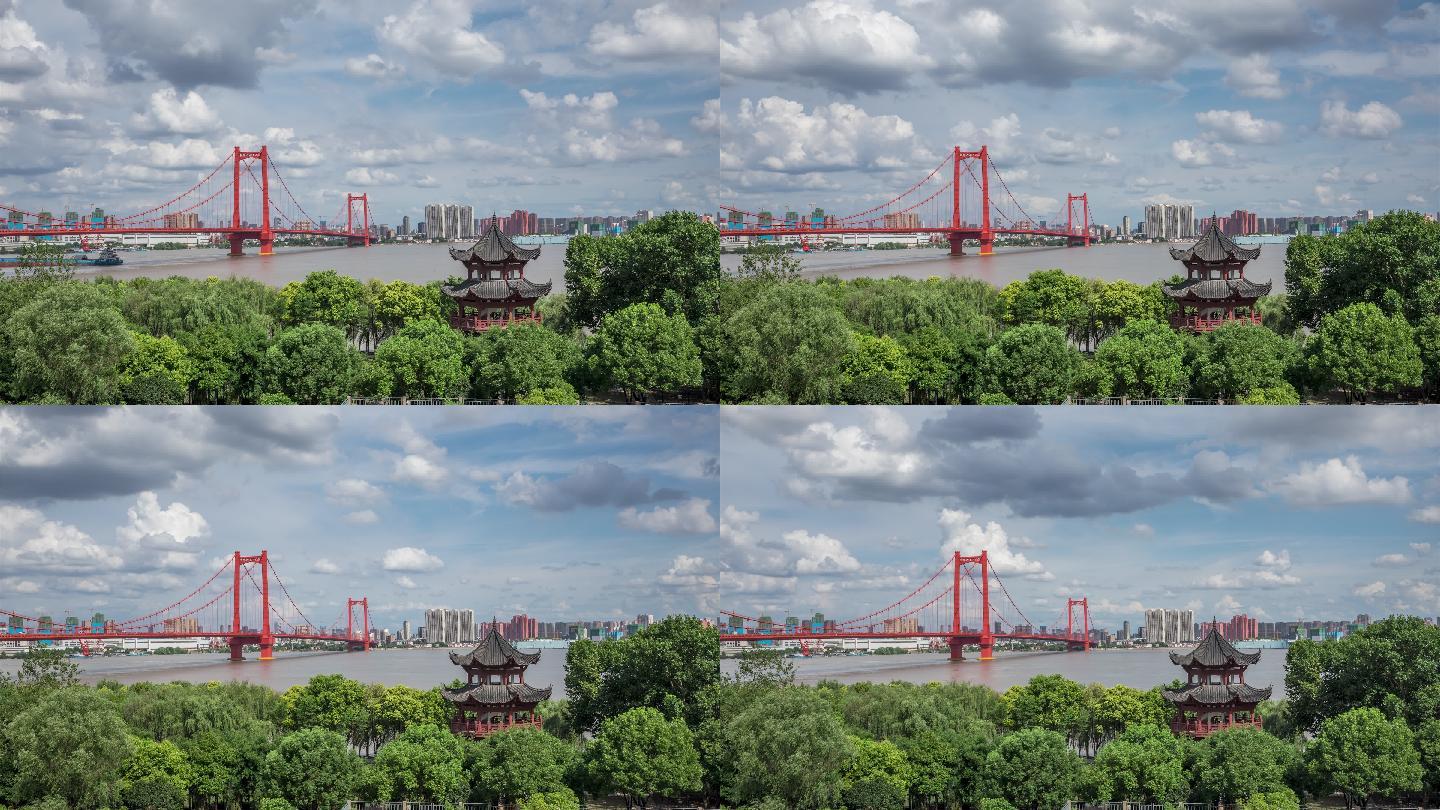 武汉市鹦鹉洲长江大桥与烟波亭蓝天白云