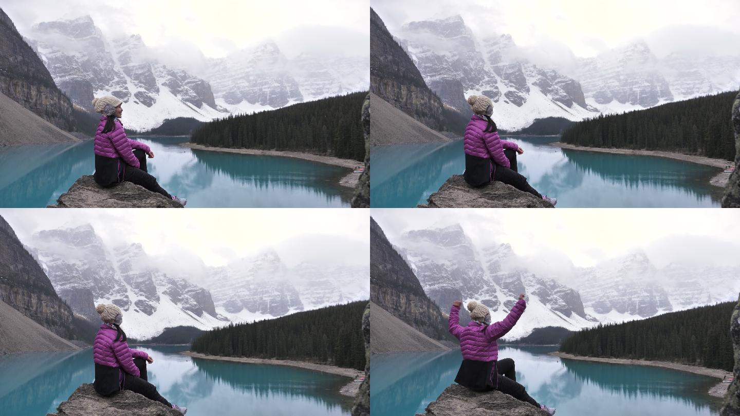 女人在欣赏冰碛湖美景