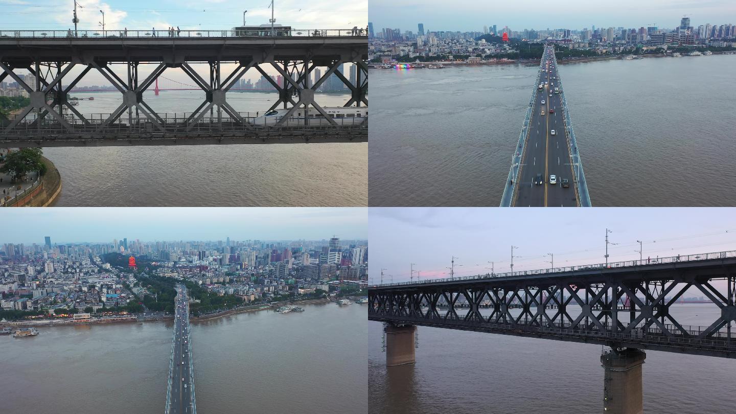 航拍武汉长桥大桥一桥火车动车经过