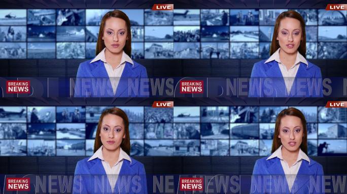 电视演播室中穿着蓝色套装的4K女新闻播音员
