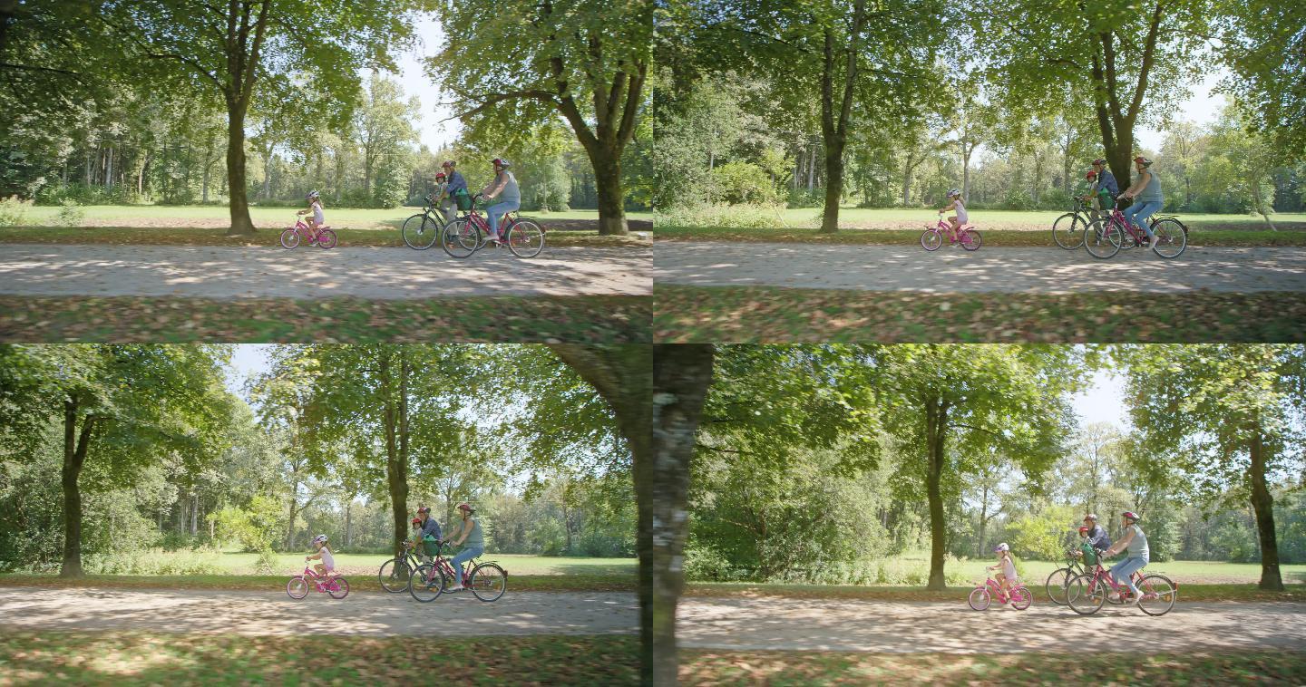 父母在公园里骑自行车
