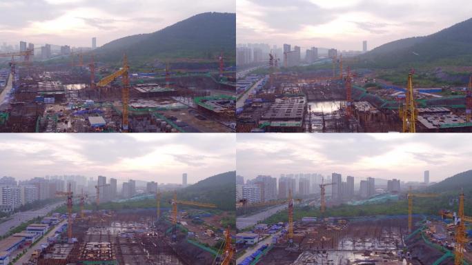 航拍枣庄新城在建工地塔吊设备