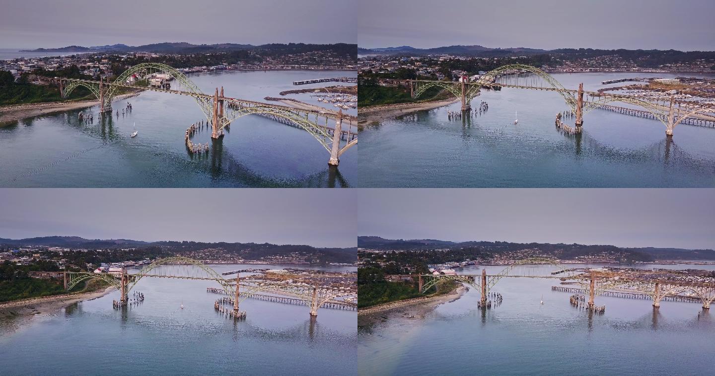 桥梁鸟瞰图拱桥钢结构河道