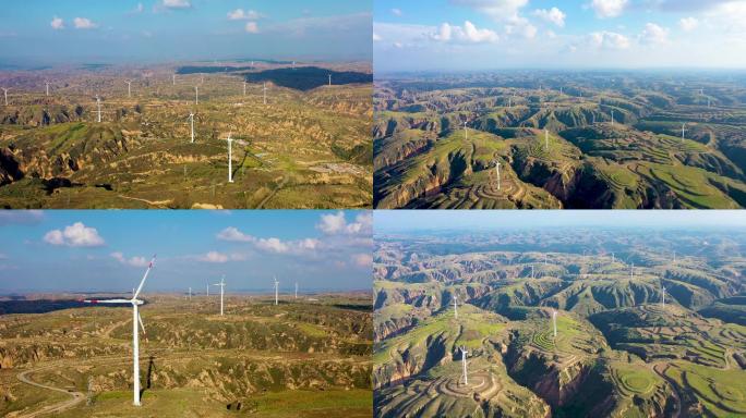 航拍陕西黄土高原新能源风机