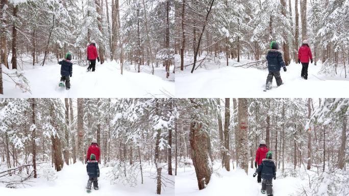 母亲和儿子冬天在雪地行走