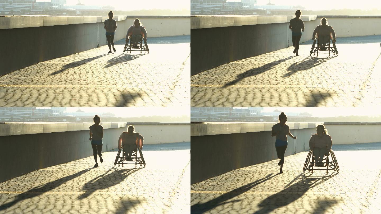 女人坐在轮椅上运动