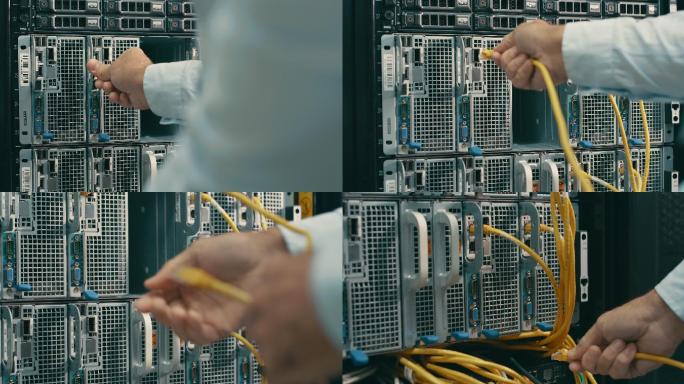 技术人员在服务器机房更换电缆的4k视频