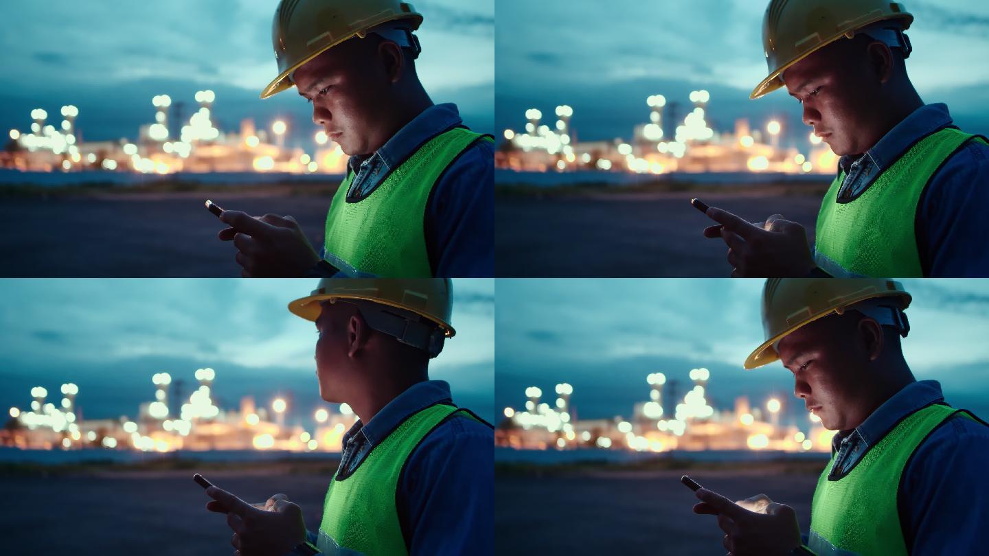 一名工人操作智能手机。