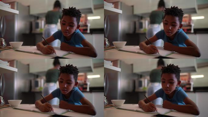 在家学习的男孩黑人少年孩子写作业