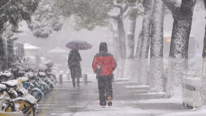 下雪中的行人