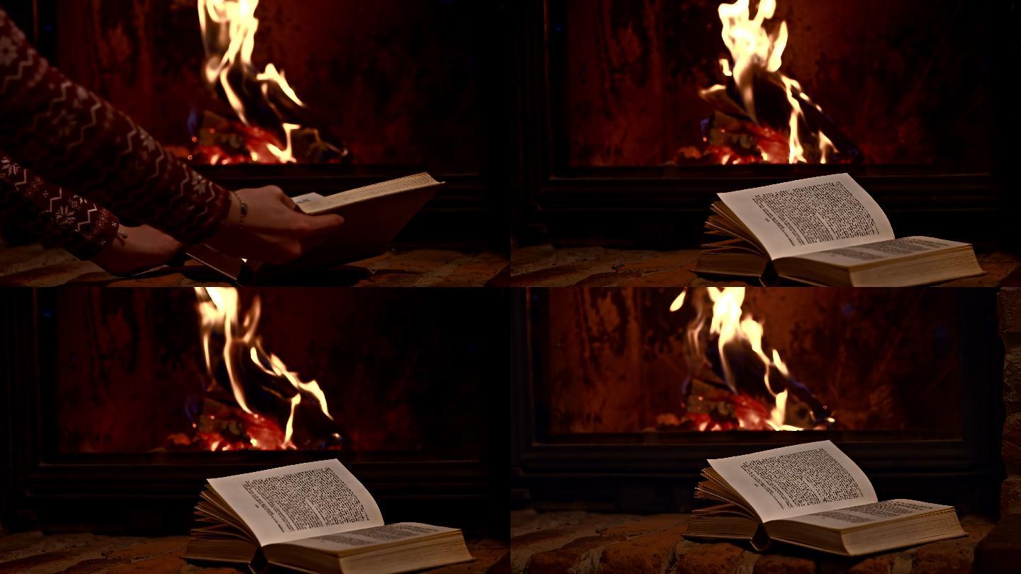 在壁炉旁拿着一本书的女人