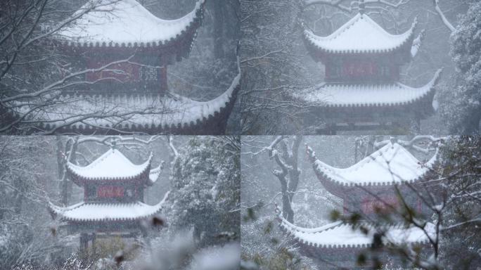 4K岳麓山景区爱晚亭唯美雪景空镜