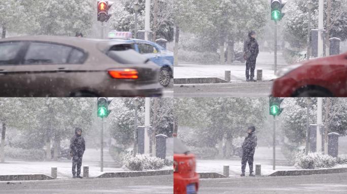 下雪天在路口等待的男人