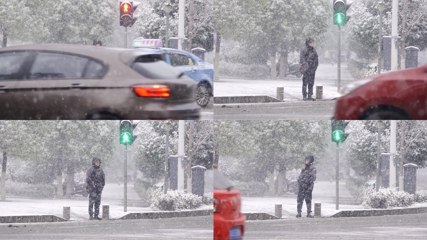 下雪天在路口等待的男人