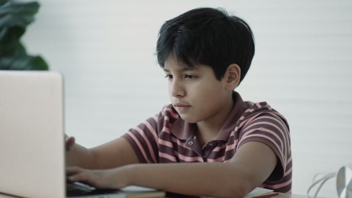 男孩在家使用笔记本电脑在线学习