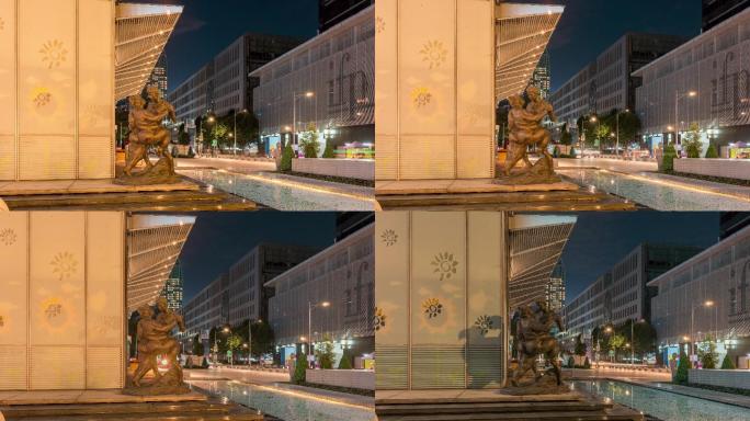 城市夜晚街景雕塑车轨延时素材