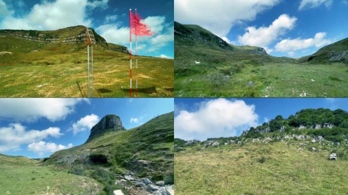 实拍-高峰草原风景天空云路标标志山太阳