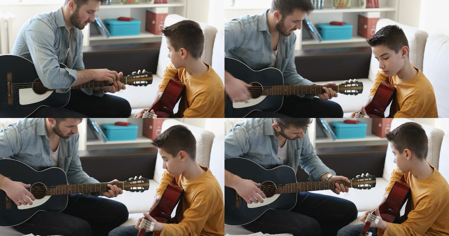 在家学弹吉他的男孩