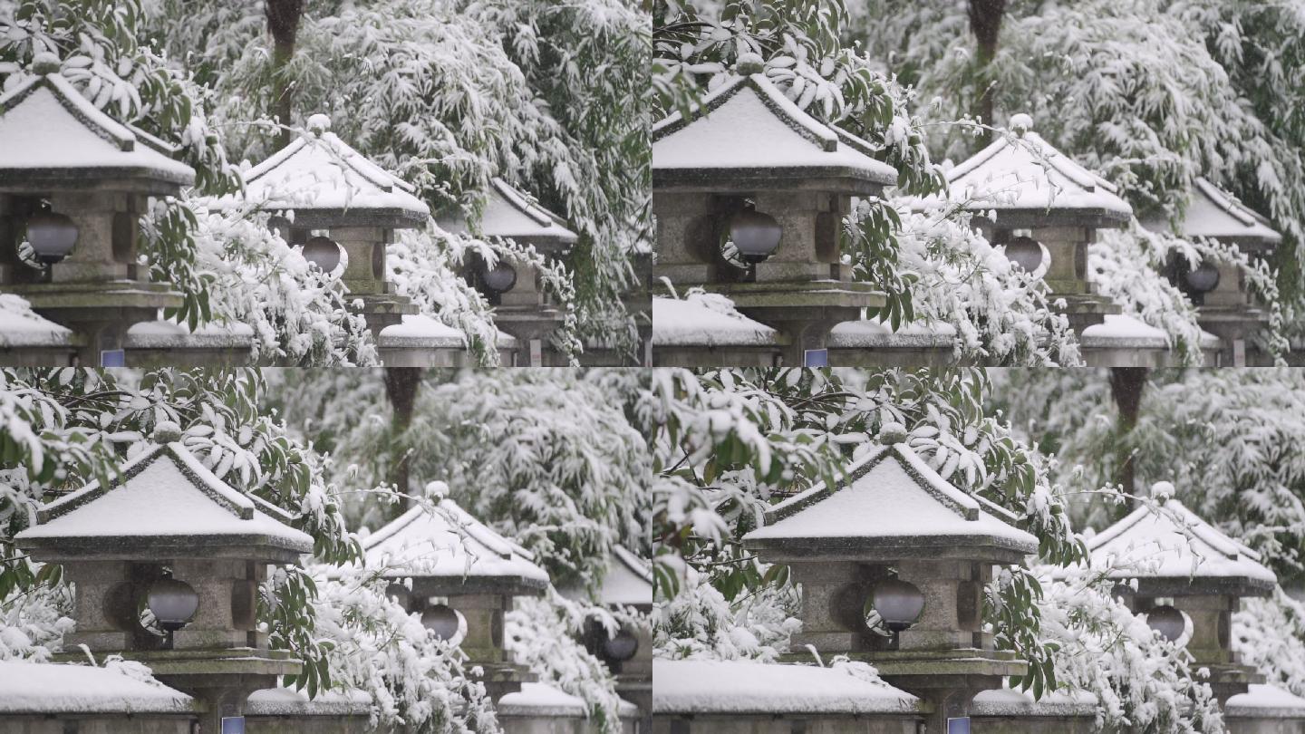 下雪中式庭院雪景