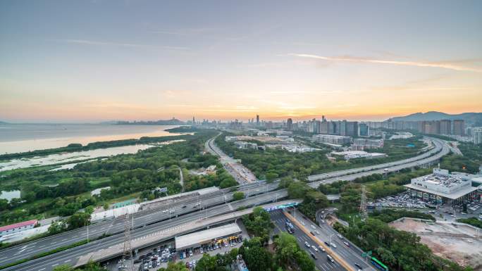 深圳湾滨海大道日落晚霞延时摄影空镜素材