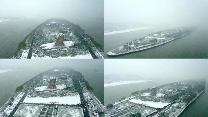 航拍橘子洲毛主席雕像下雪  长沙雪景