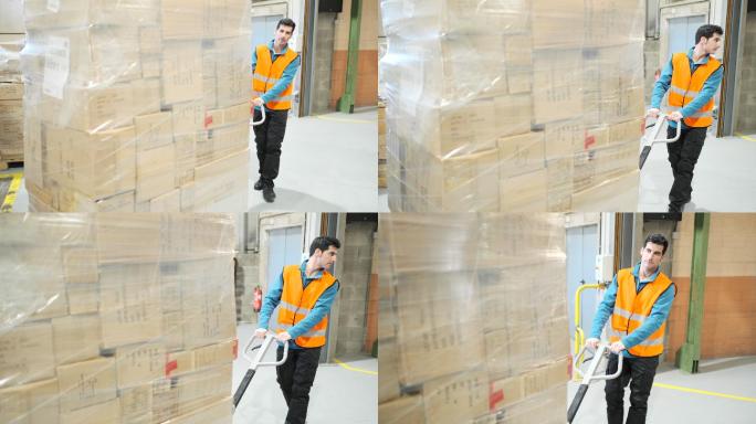 仓库工人拉叉车。工厂仓库工人工业建筑