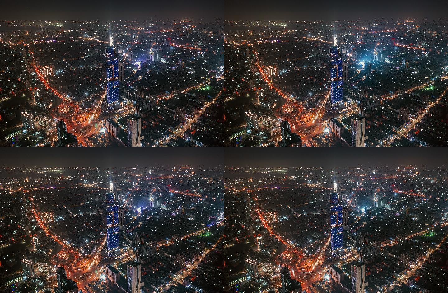 4K南京紫峰大厦固定位航拍夜景延时