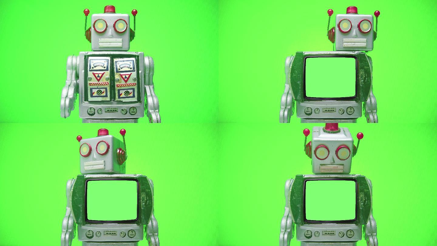 复古机器人电视在绿色屏幕上行走