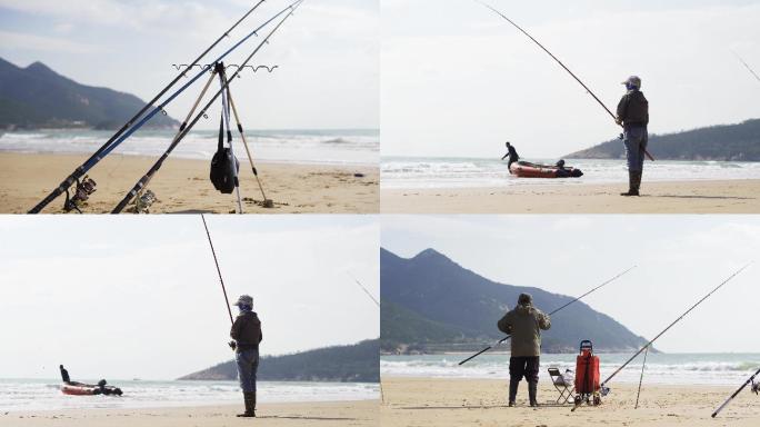 海边沙滩钓鱼的人